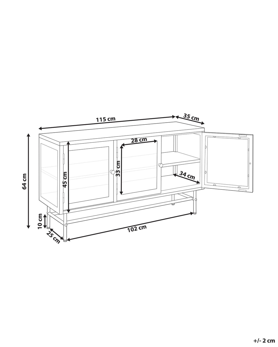 3 Door Metal Sideboard with Glass Display Black Newport