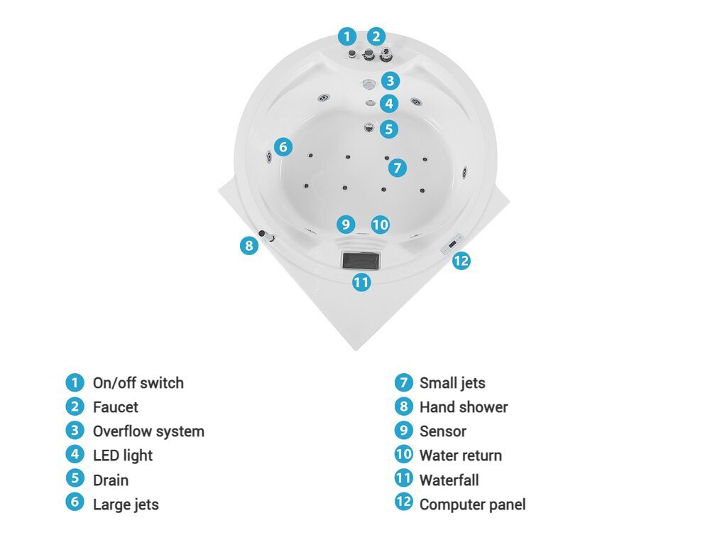 Whirlpool Corner Bath with LED and Bluetooth Speaker White Milano