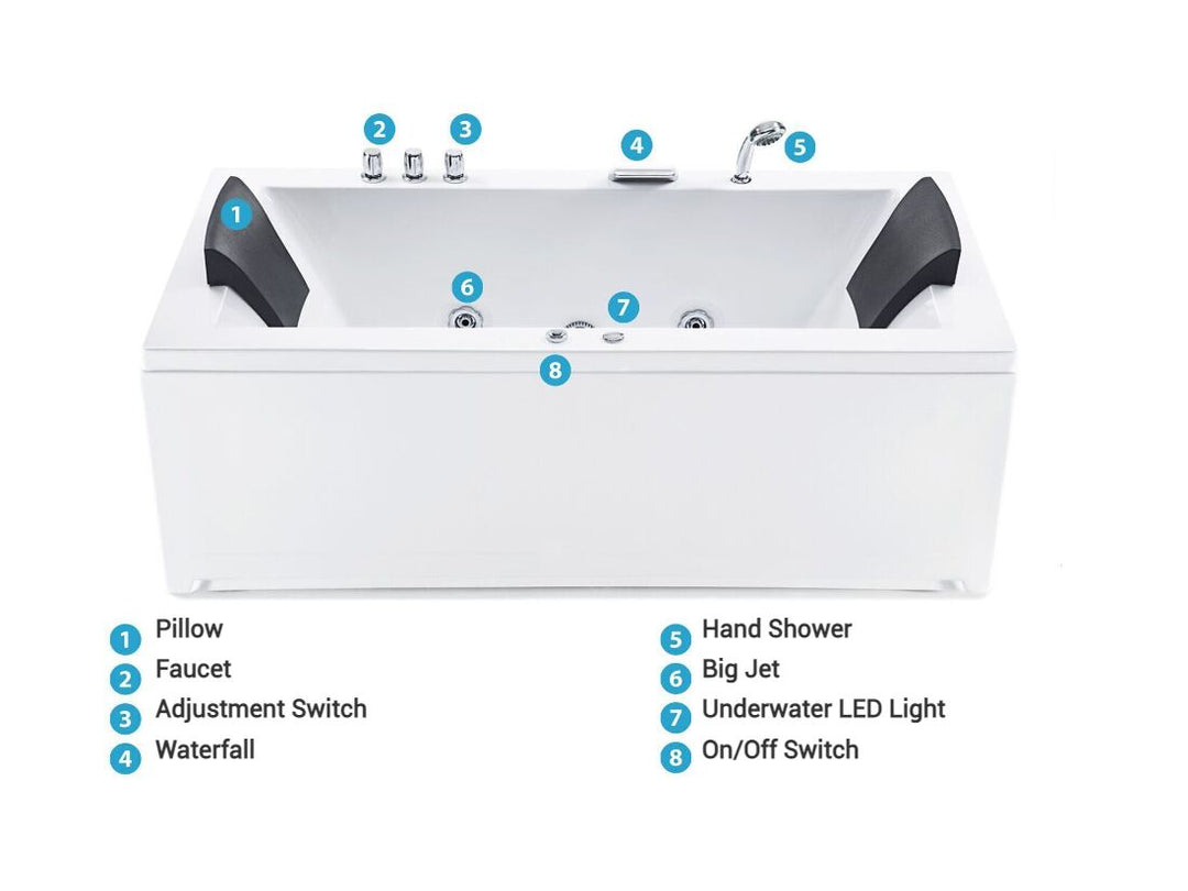 Left Hand Whirlpool Bath with LED 1830 x 900 mm White Varadero