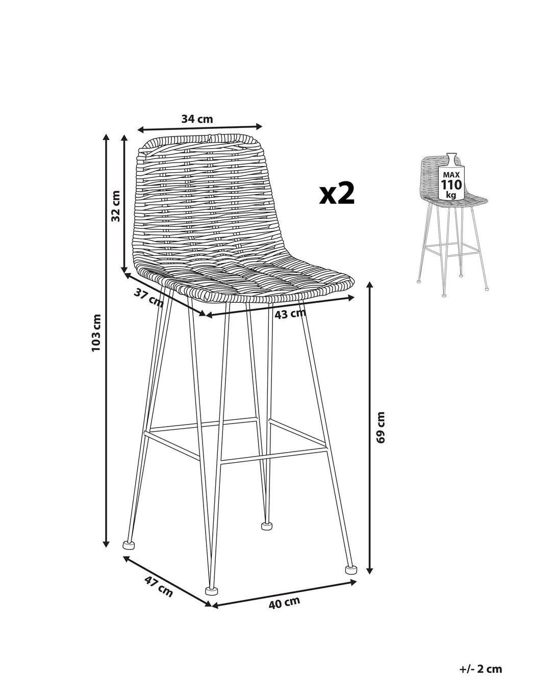 Bar Chair Set of 2 Rattan Natural Cassita