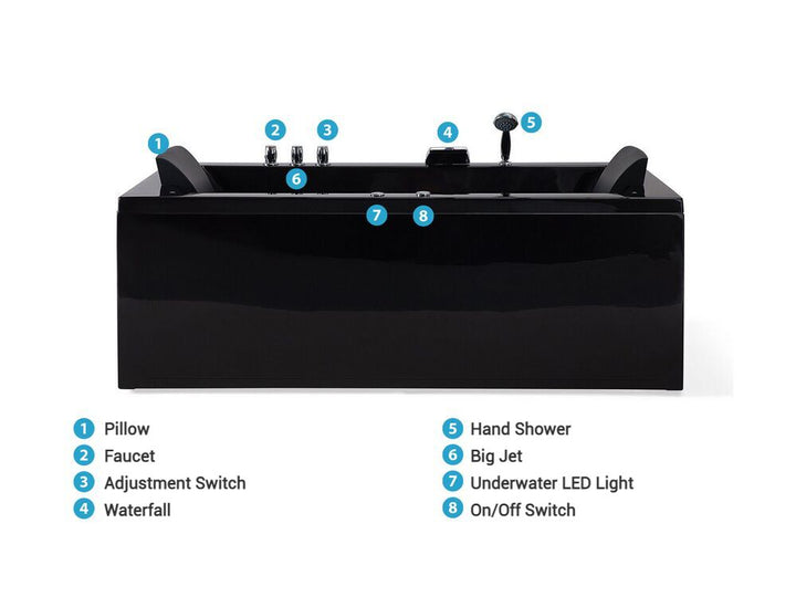 Left Hand Whirlpool Bath with LED 1830 x 900 mm Black Varadero