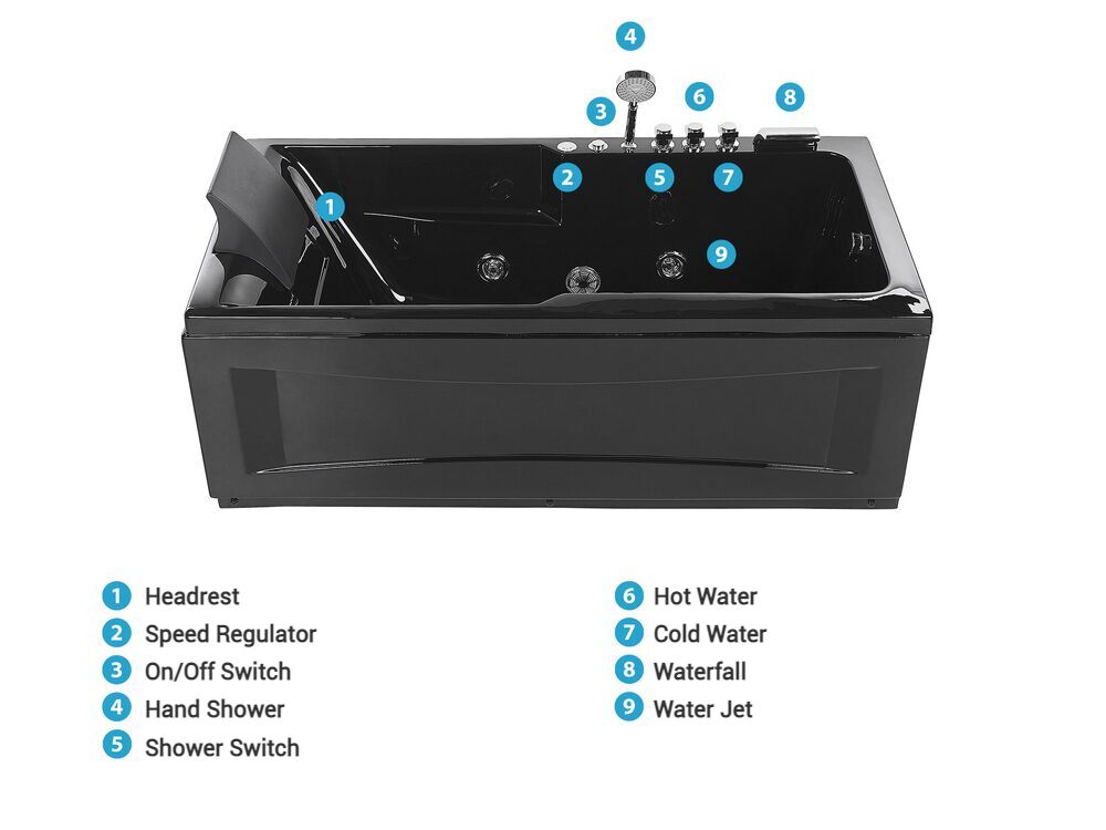 Left Hand Whirlpool Bath with LED 1690 x 810 mm Black Artemisa