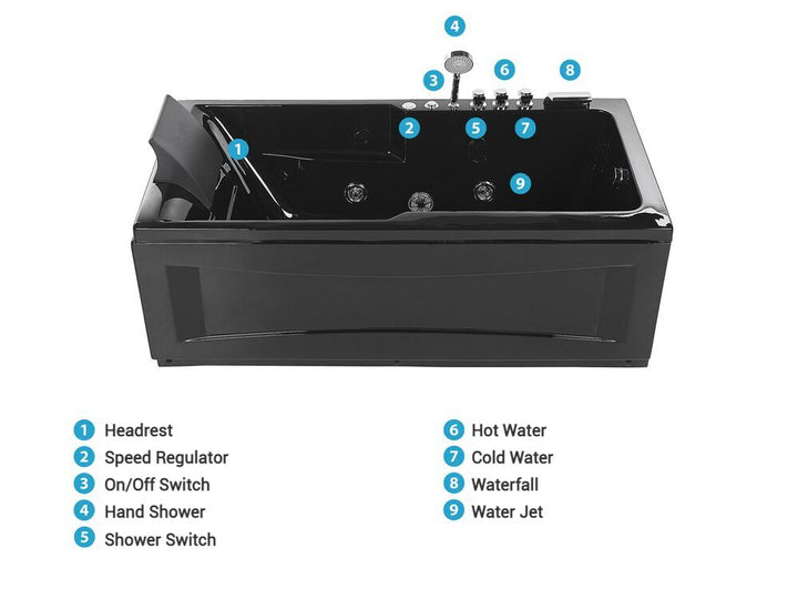 Left Hand Whirlpool Bath with LED 1690 x 810 mm Black Artemisa