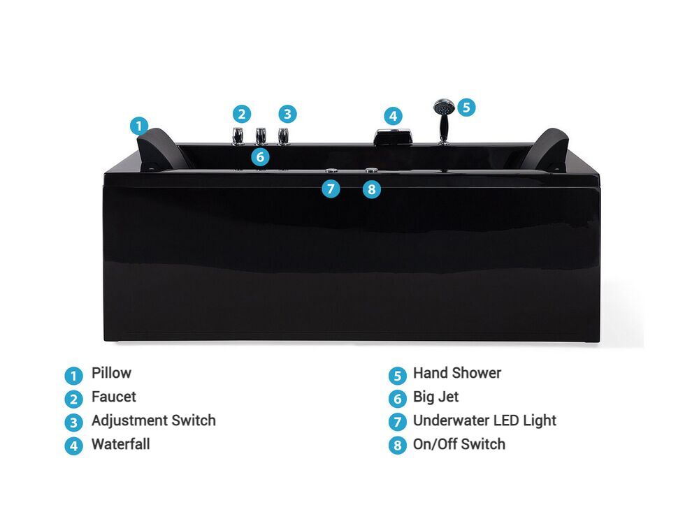 Right Hand Whirlpool Bath with LED 1830 x 900 mm Black Varadero