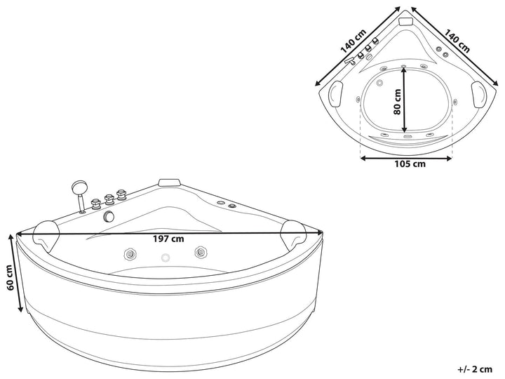 Whirlpool Corner Bath with LED 1970 x 1400 mm Black Baracoa