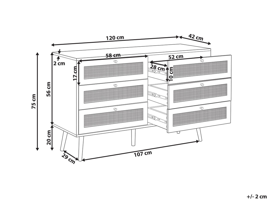 Rattan 6 Drawer Chest Light Wood Perote