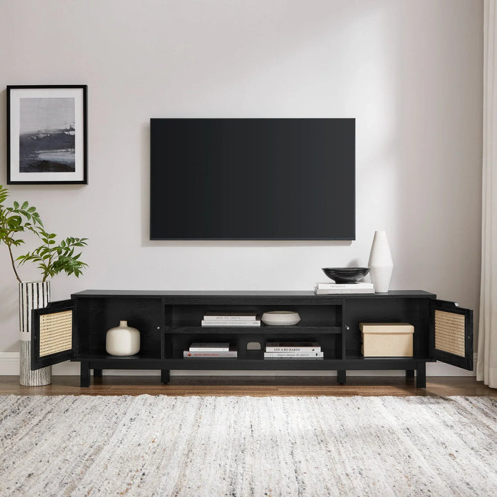 2 Door Faux Rattan TV Stand Black Belora