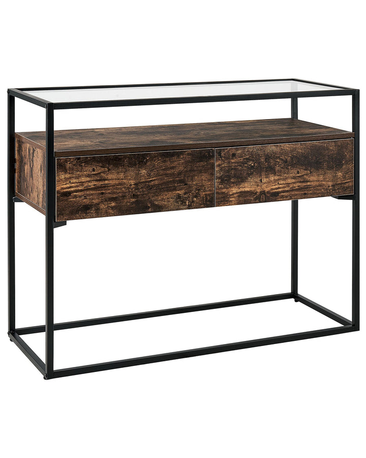 2 Drawer Glass Top Console Table Dark Wood and Black Mauk