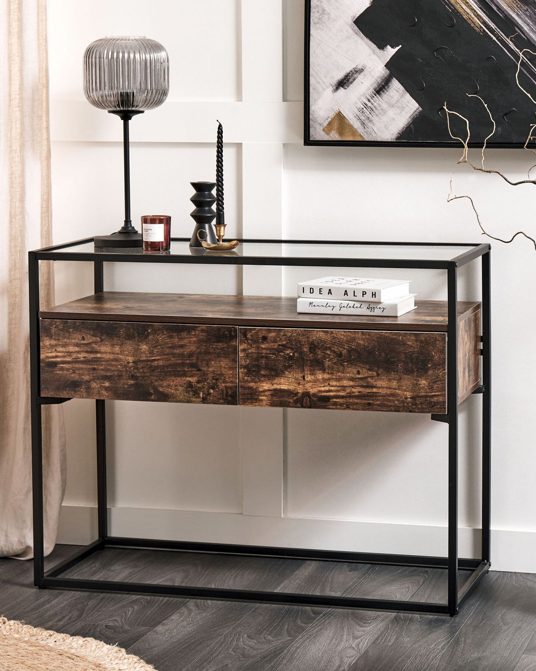 2 Drawer Glass Top Console Table Dark Wood and Black Mauk