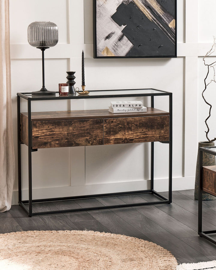 2 Drawer Glass Top Console Table Dark Wood and Black Mauk