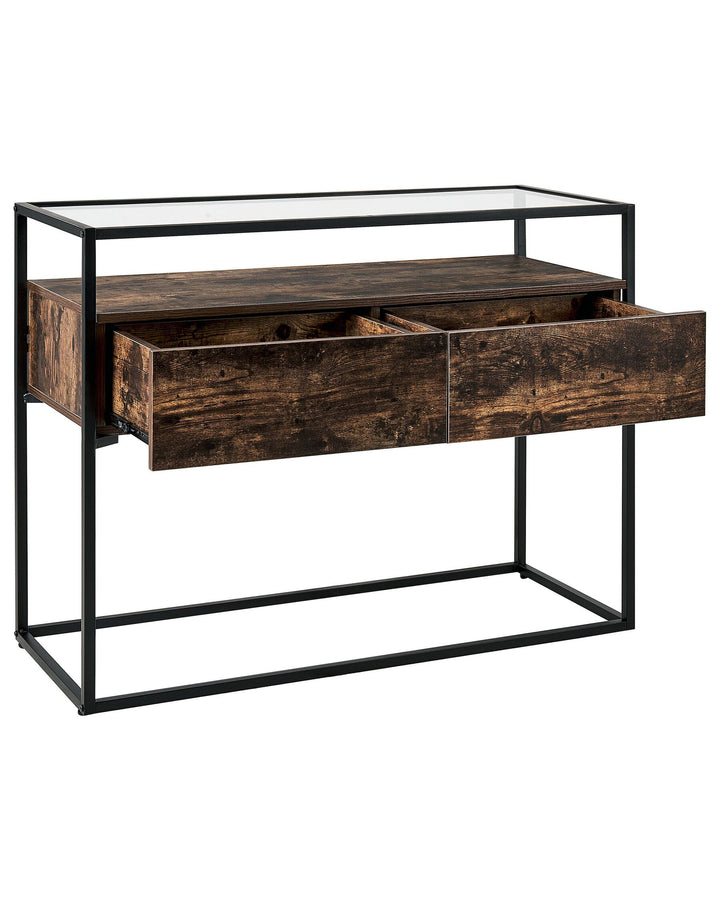 2 Drawer Glass Top Console Table Dark Wood and Black Mauk