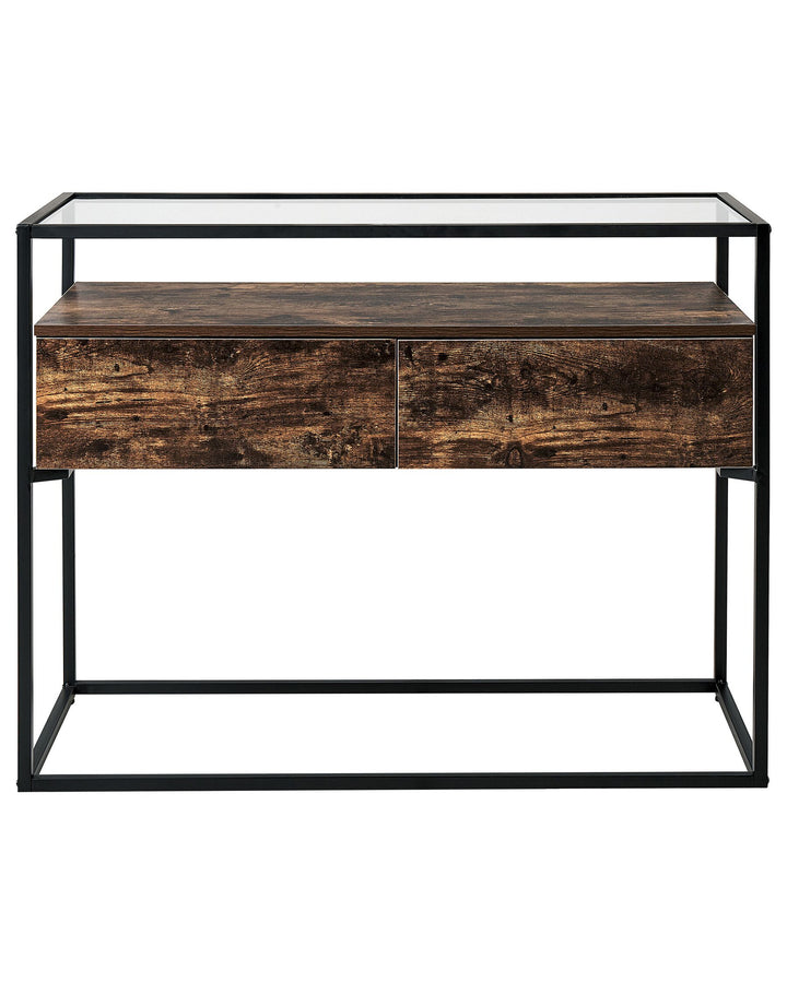 2 Drawer Glass Top Console Table Dark Wood and Black Mauk