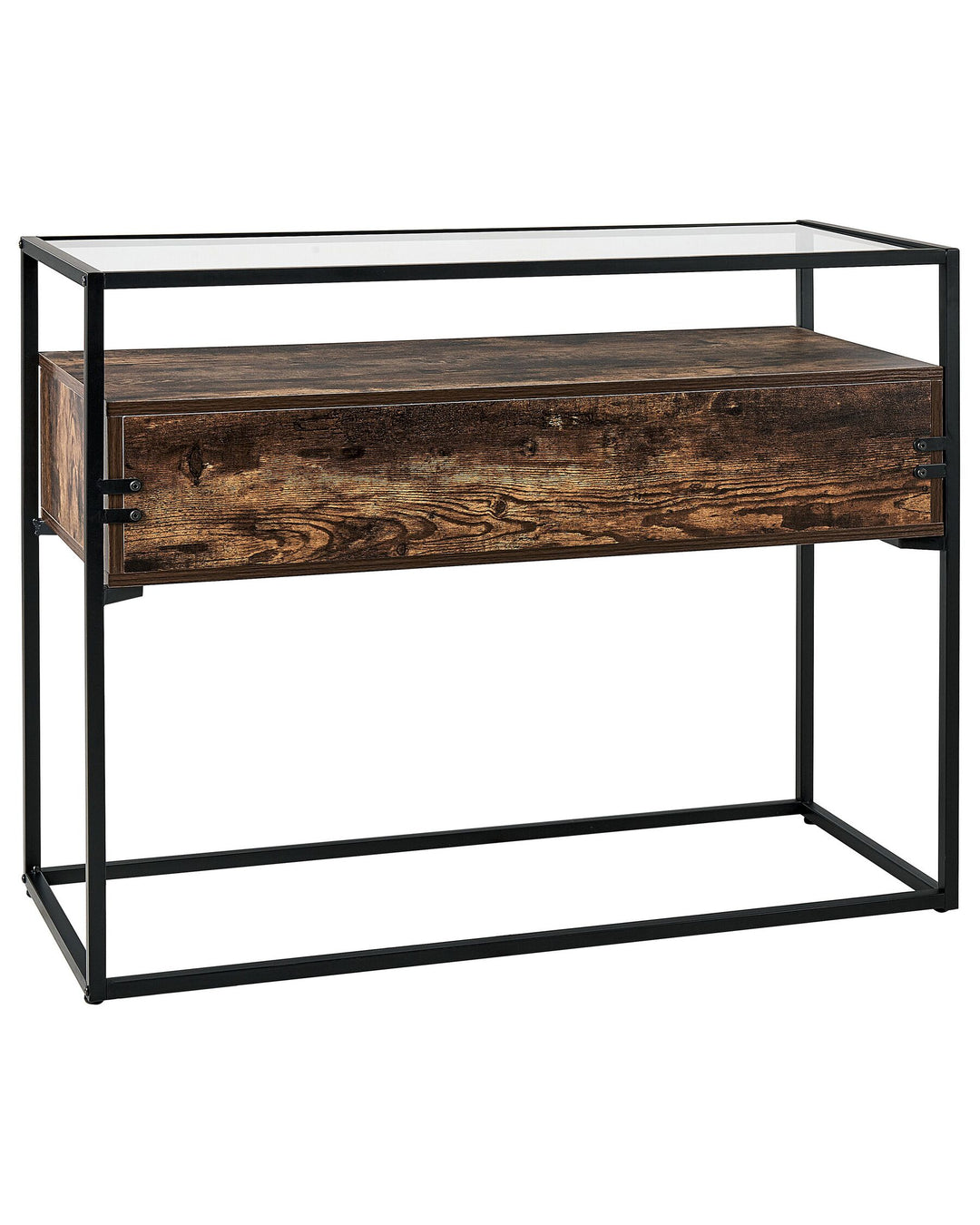 2 Drawer Glass Top Console Table Dark Wood and Black Mauk