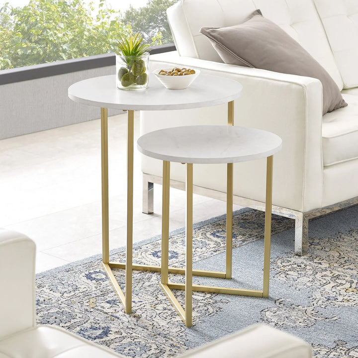 2 Piece Nesting Side Tables Faux White Marble/Gold Eilley