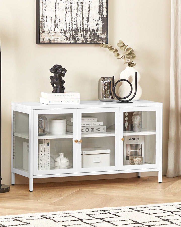 3 Door Metal Sideboard with Glass Display White Newport