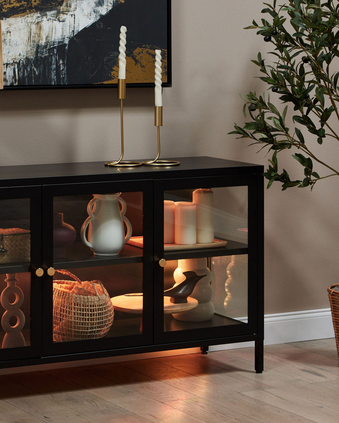 3 Door Metal LED Sideboard with Glass Display Black Newport