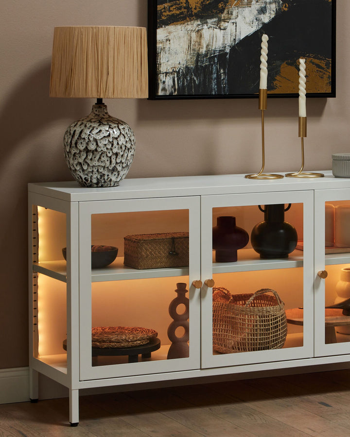 3 Door Metal LED Sideboard with Glass Display White Newport