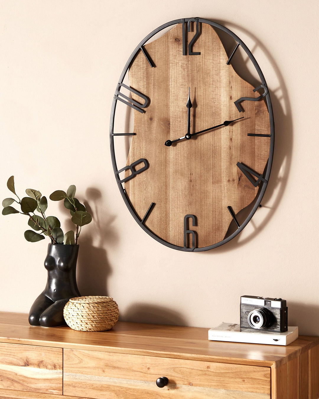 Iron Wall Clock 46 x 60 cm Light Wood with Black Meynes