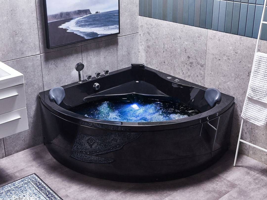 Whirlpool Corner Bath with LED 1970 x 1400 mm Black Baracoa