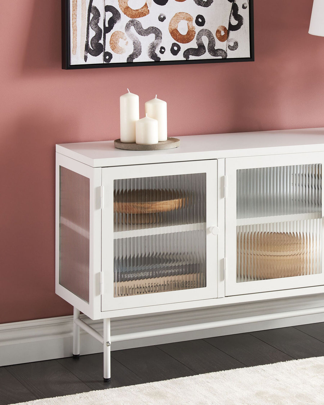 3 Door Metal Sideboard with Glass Display White Devon