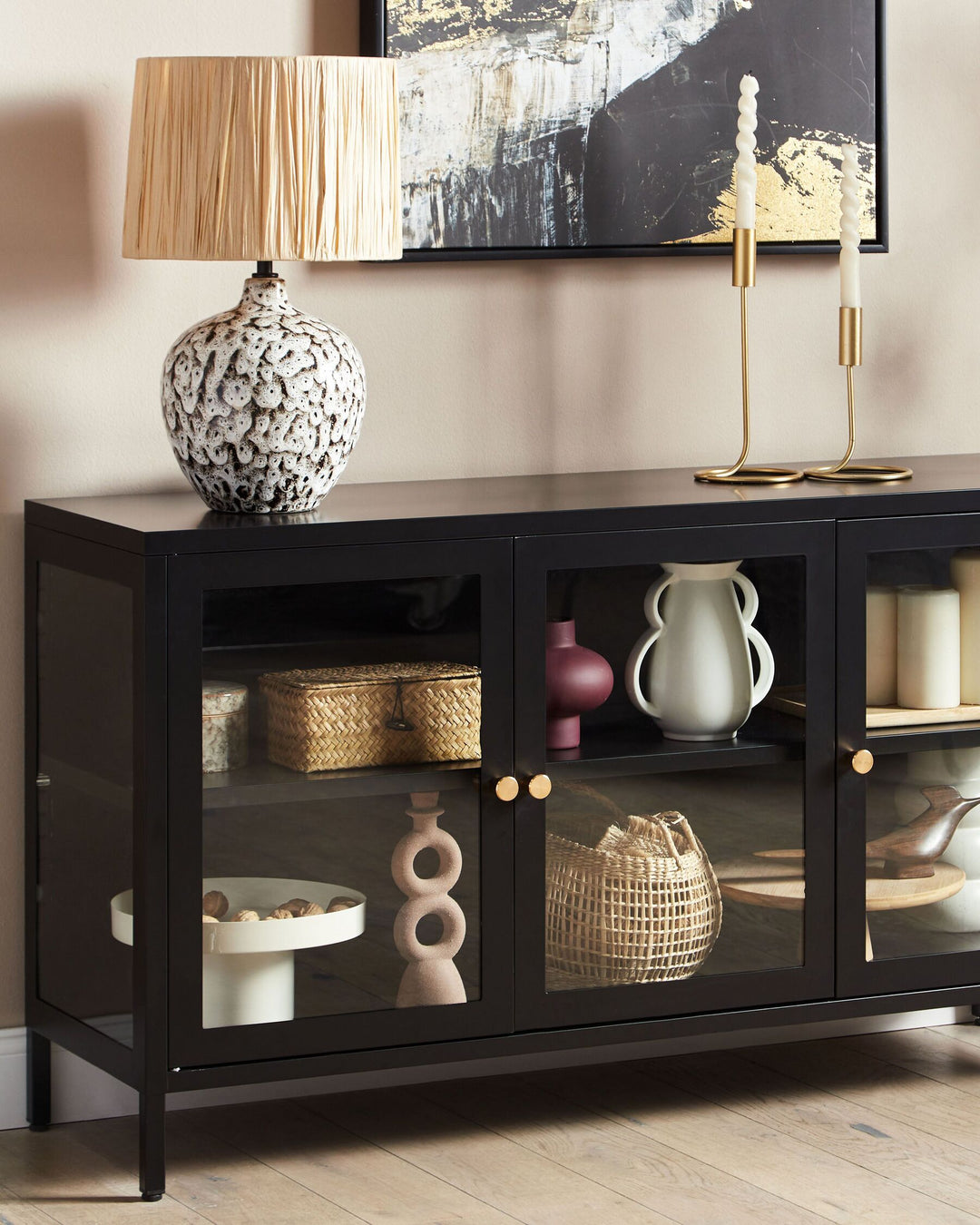 3 Door Metal Sideboard with Glass Display Black Newport