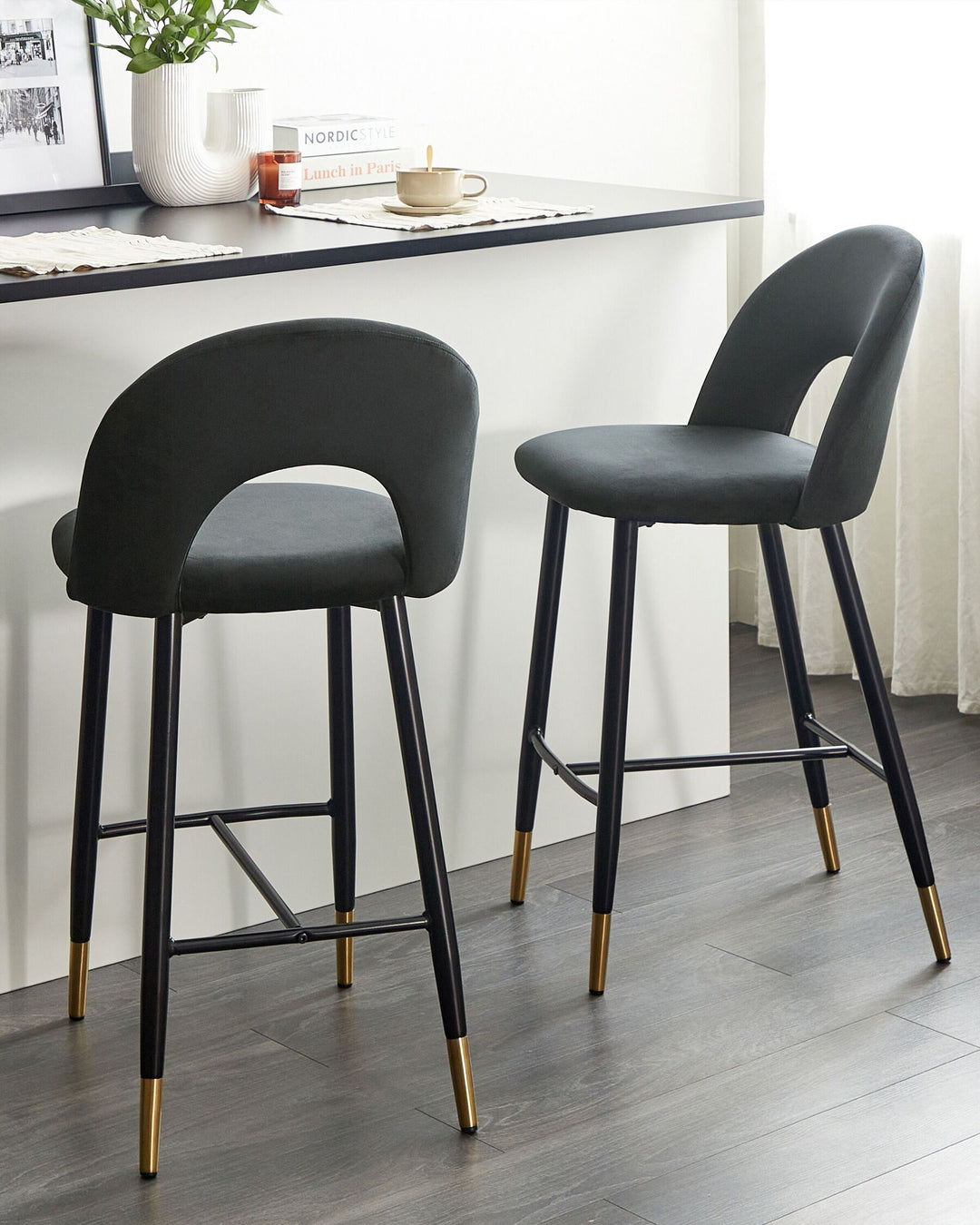 Bar Chair Set of 2 Velvet Black Falton