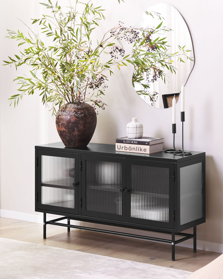 3 Door Metal Sideboard with Glass Display Black Devon