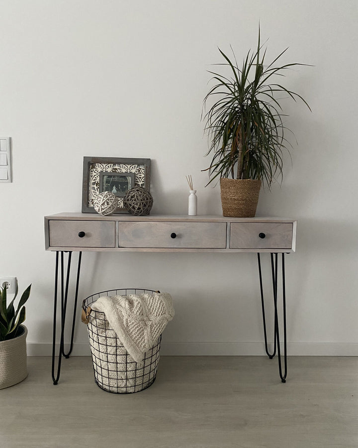 3 Drawer Mango Wood Console Table Off White Minto