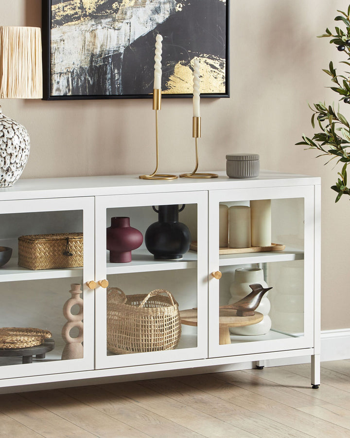 3 Door Metal LED Sideboard with Glass Display White Newport