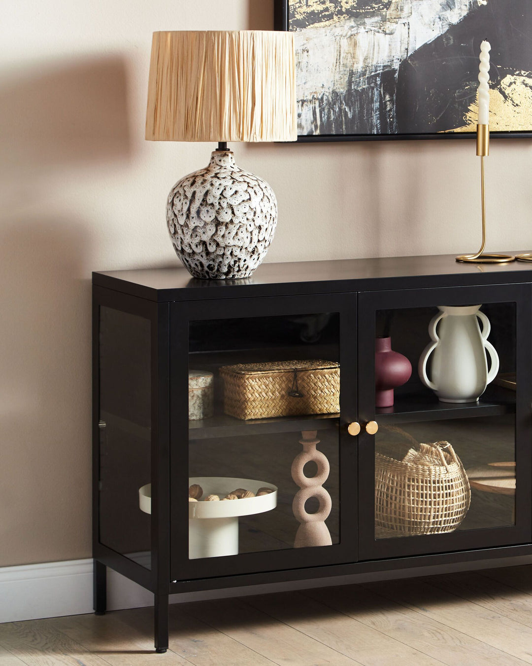 3 Door Metal LED Sideboard with Glass Display Black Newport