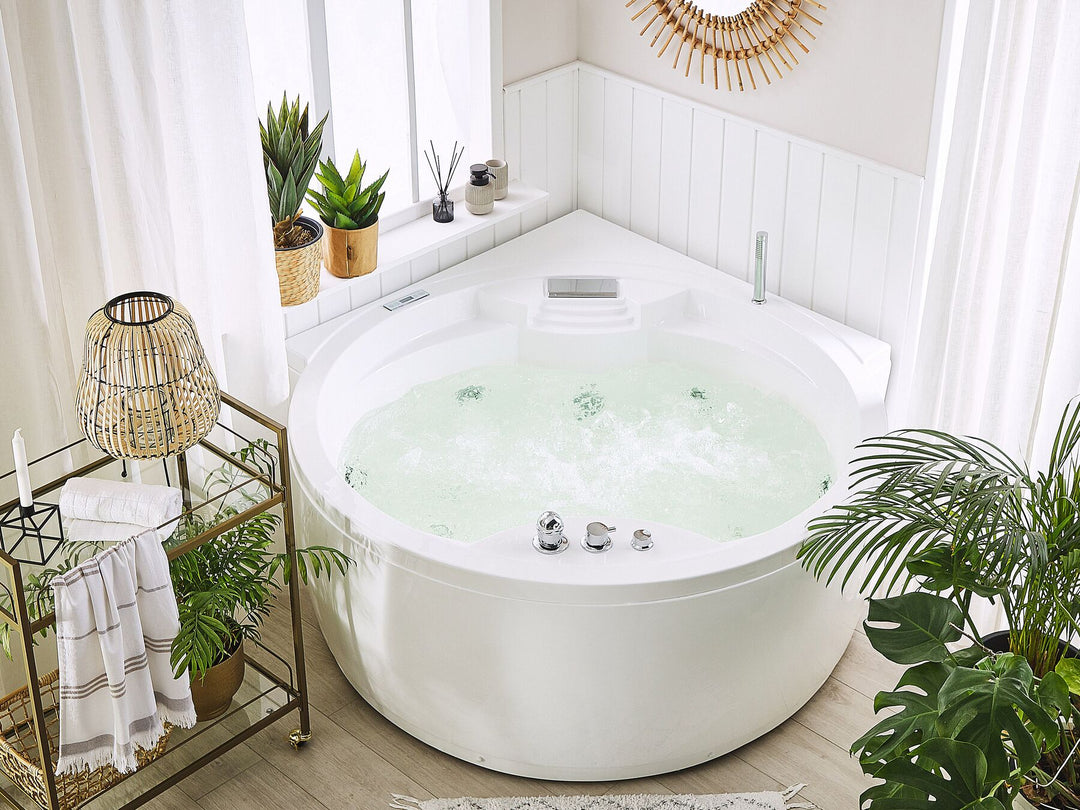 Whirlpool Corner Bath with LED and Bluetooth Speaker White Milano