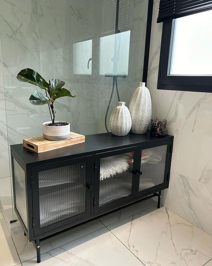 3 Door Metal Sideboard with Glass Display Black Devon