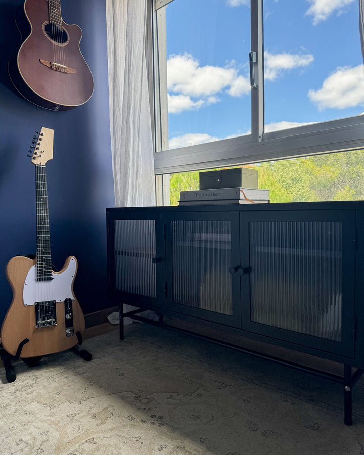 3 Door Metal Sideboard with Glass Display Black Devon