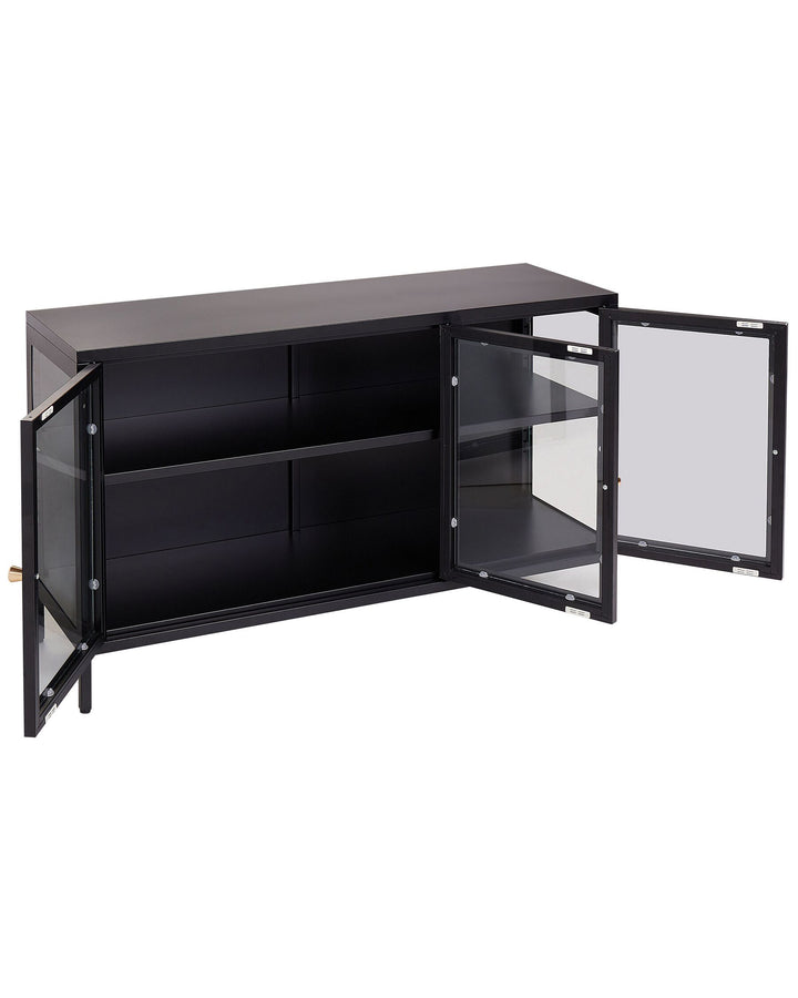 3 Door Metal Sideboard with Glass Display Black Newport