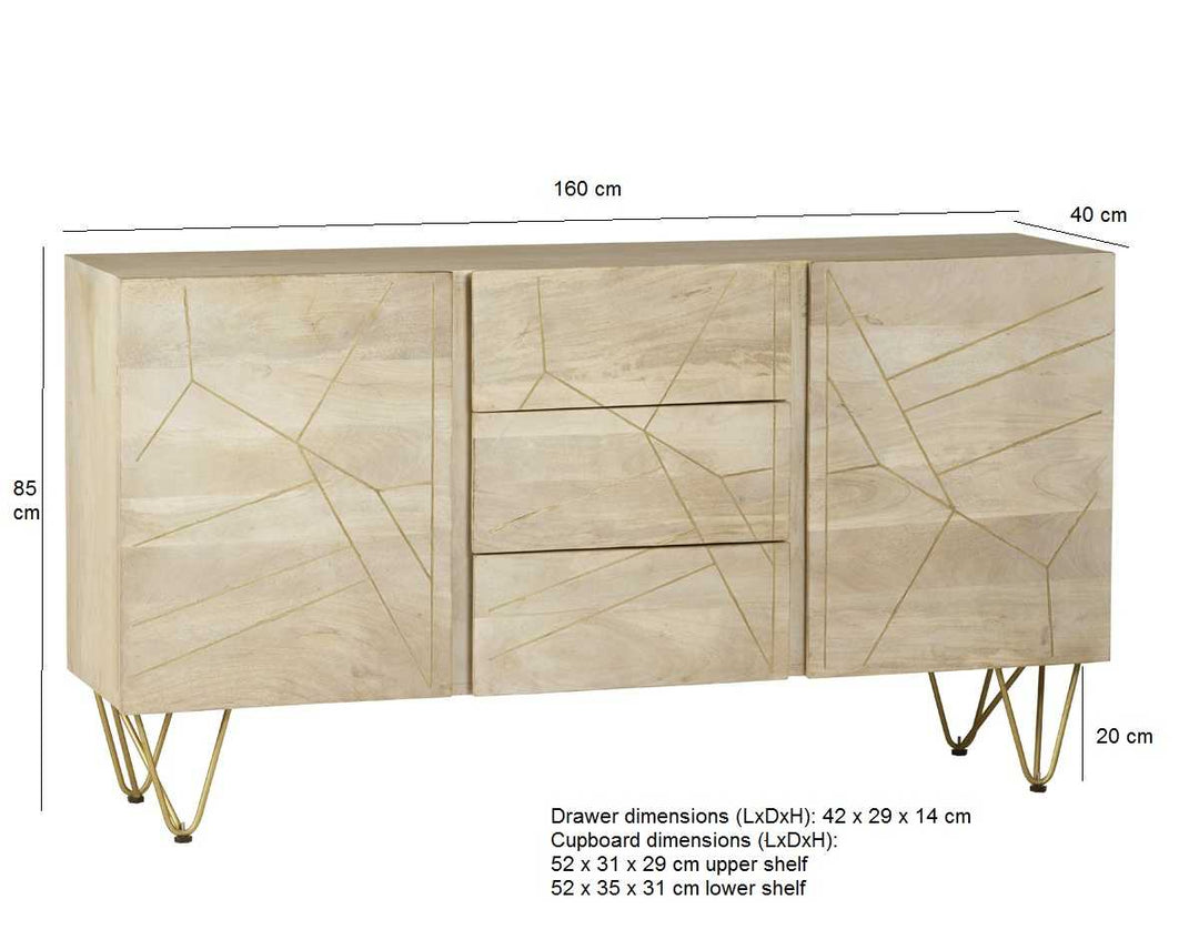 Extra Large Sideboard 3 Drawers And 2 Doors Light Gold