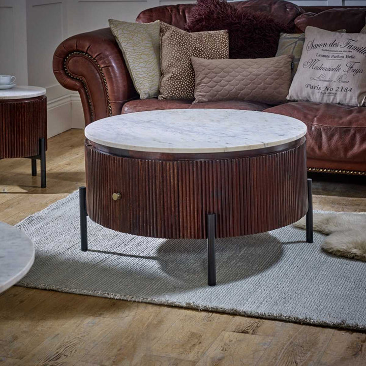 Marble Top & Metal Legs Mango Wood Round Fluted Coffee Table Opal