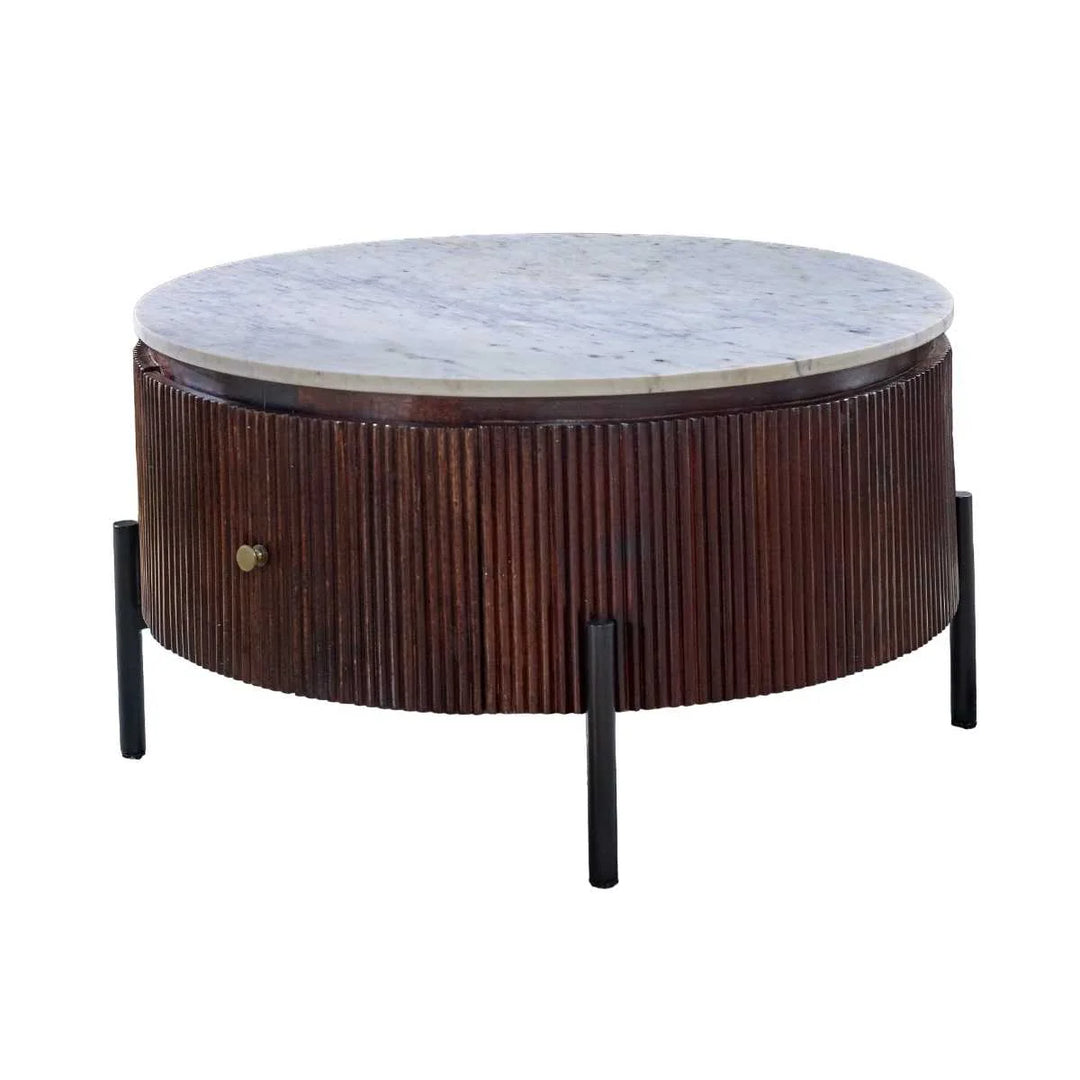 Marble Top & Metal Legs Mango Wood Round Fluted Coffee Table Opal