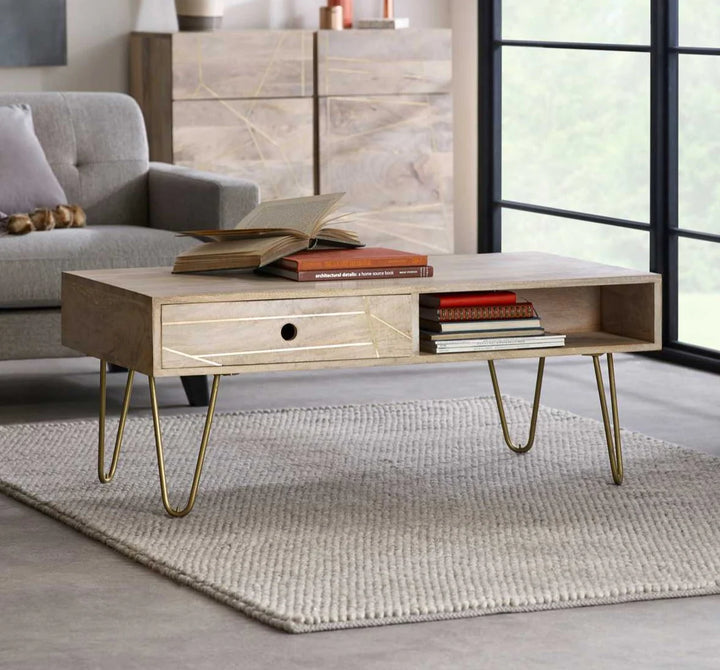 Rectangular Coffee Table With Drawer Light Gold