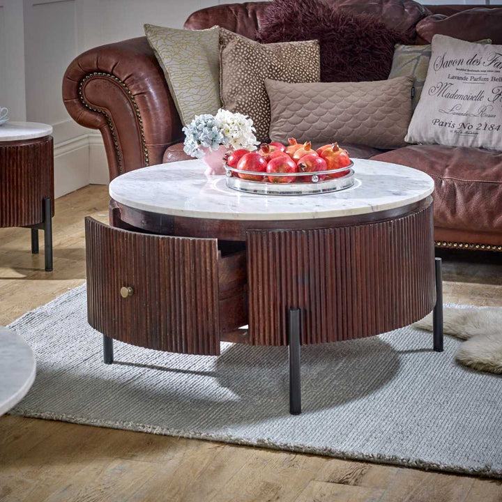 Marble Top & Metal Legs Mango Wood Round Fluted Coffee Table Opal