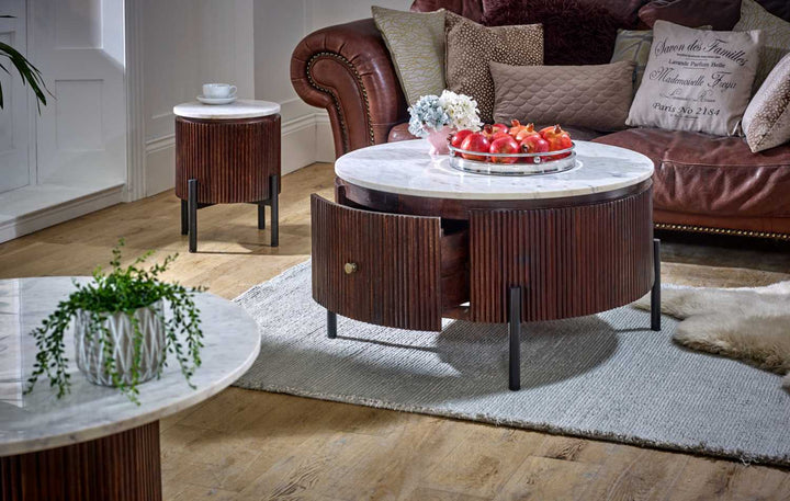 Marble Top & Metal Legs Mango Wood Round Fluted Coffee Table Opal