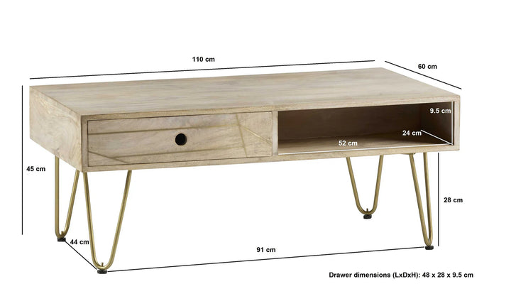 Rectangular Coffee Table With Drawer Light Gold