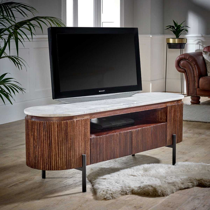 Mango Wood Tv Cabinet With Marble Top & Metal Legs Opal