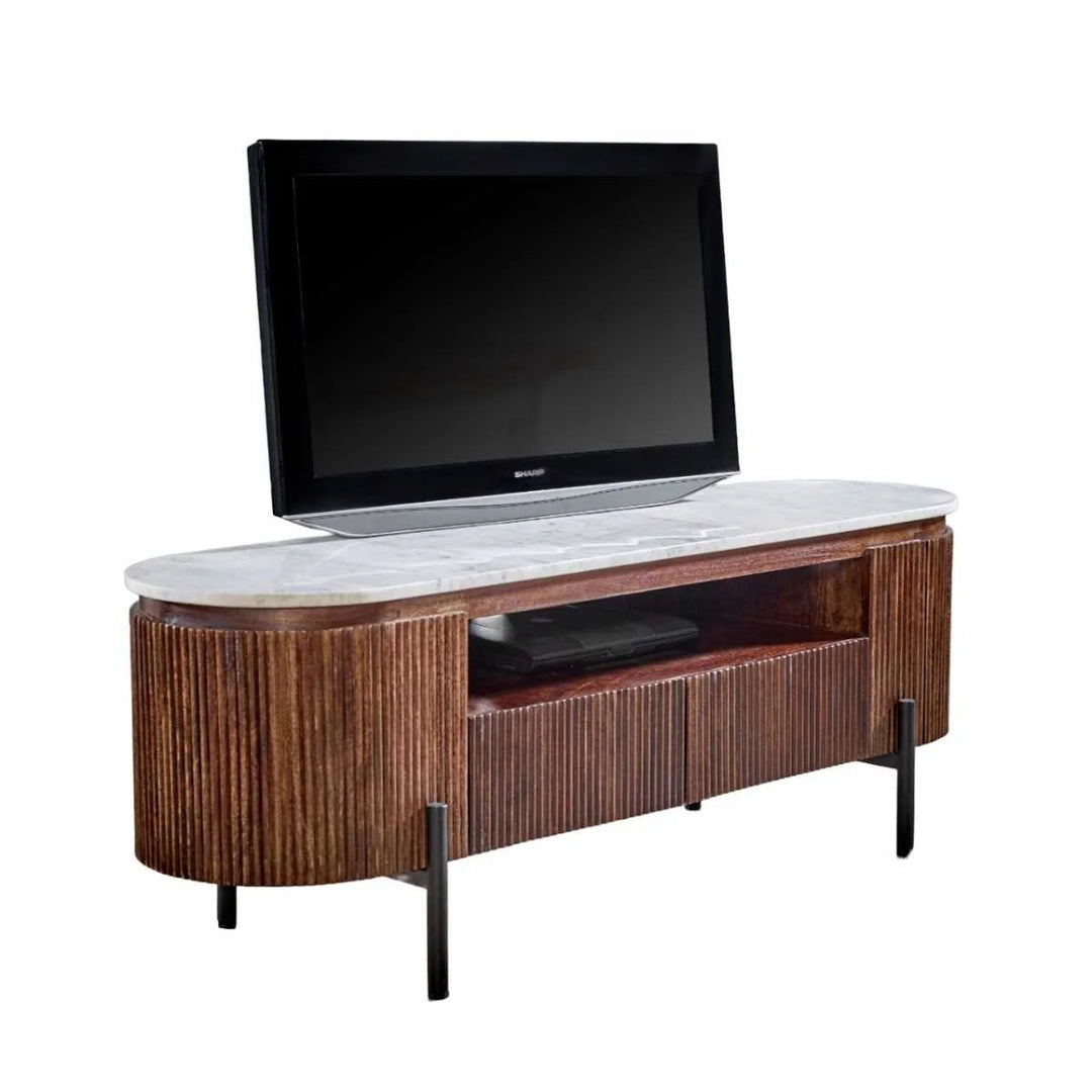 Mango Wood Tv Cabinet With Marble Top & Metal Legs Opal