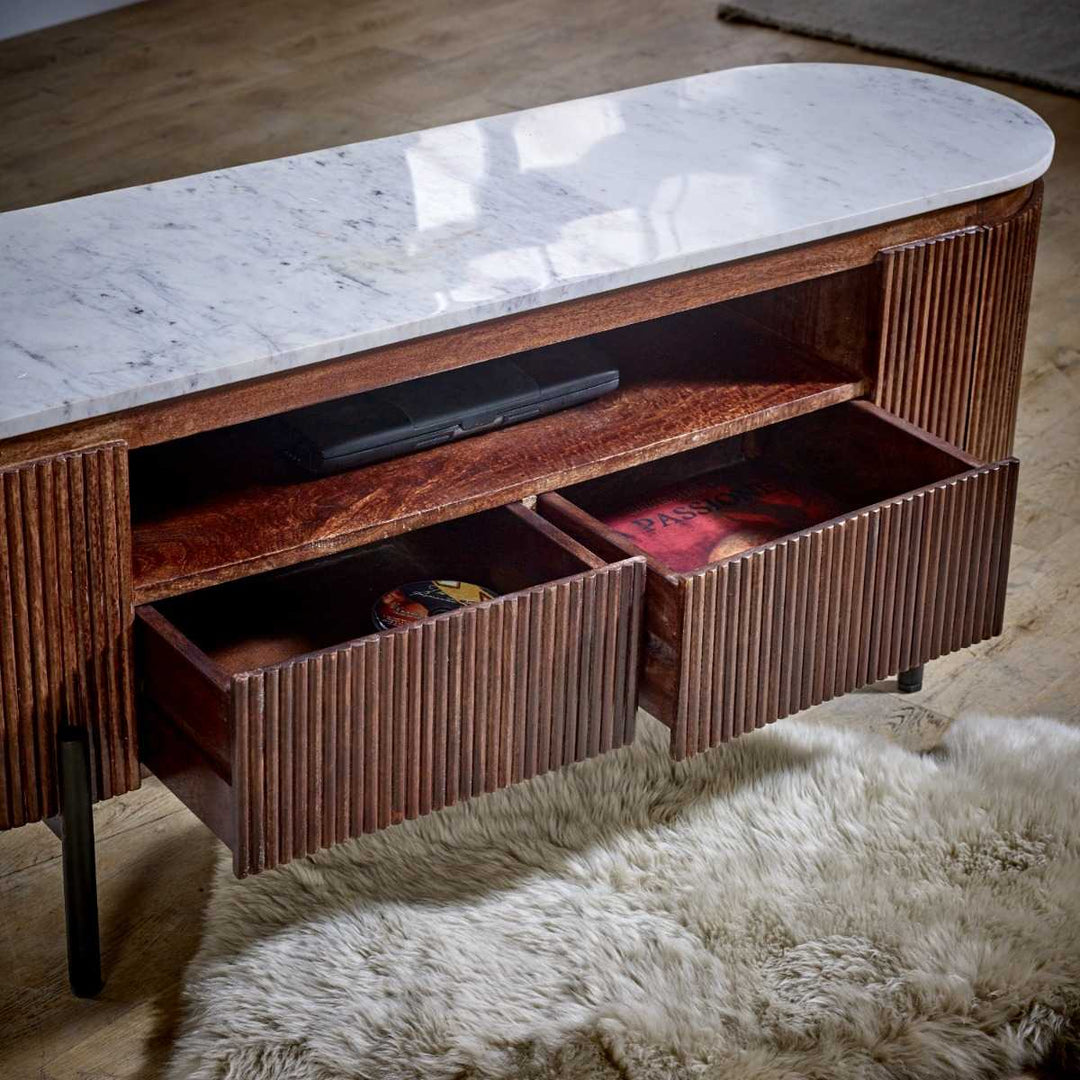 Mango Wood Tv Cabinet With Marble Top & Metal Legs Opal