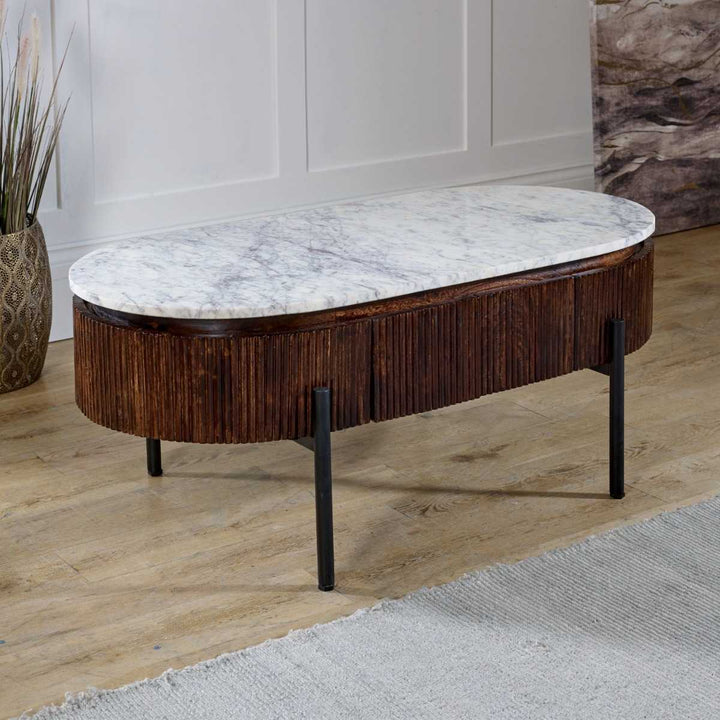 Marble Top & Metal Legs Mango Wood Rectangular Fluted Coffee Table Opal