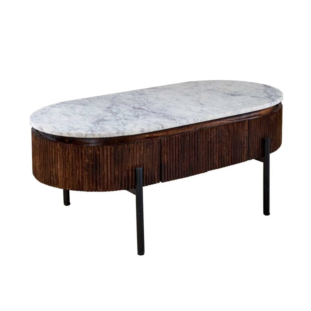 Marble Top & Metal Legs Mango Wood Rectangular Fluted Coffee Table Opal