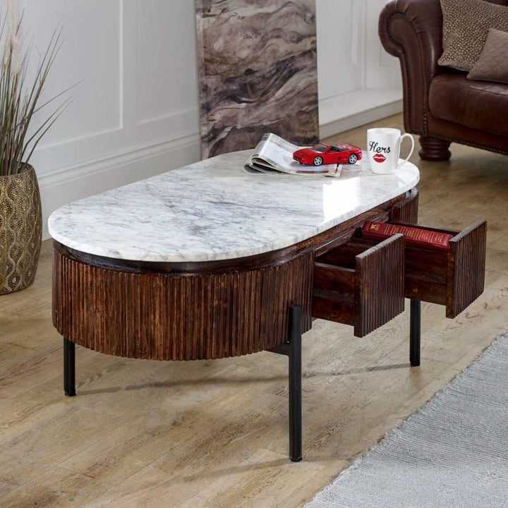 Marble Top & Metal Legs Mango Wood Rectangular Fluted Coffee Table Opal