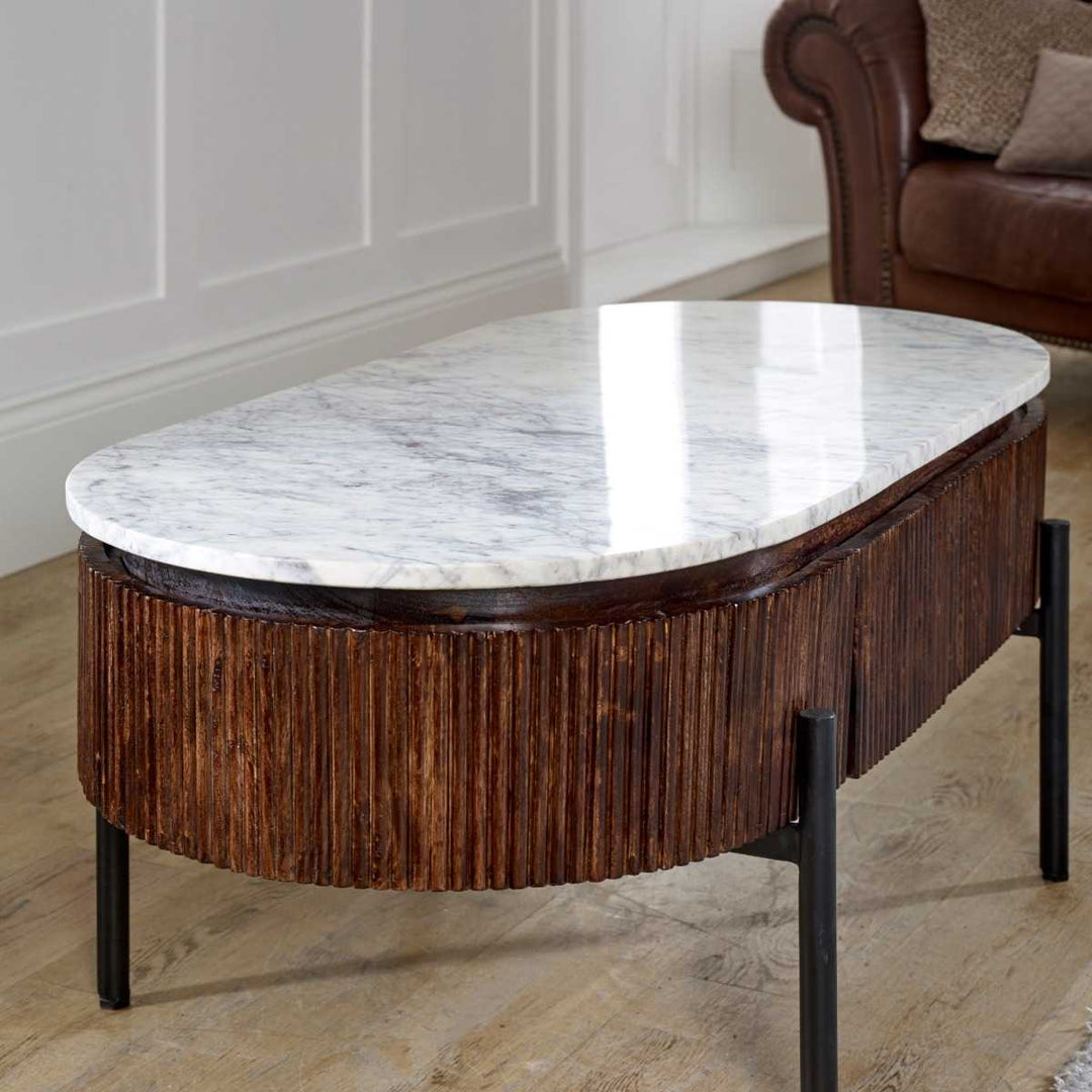 Marble Top & Metal Legs Mango Wood Rectangular Fluted Coffee Table Opal