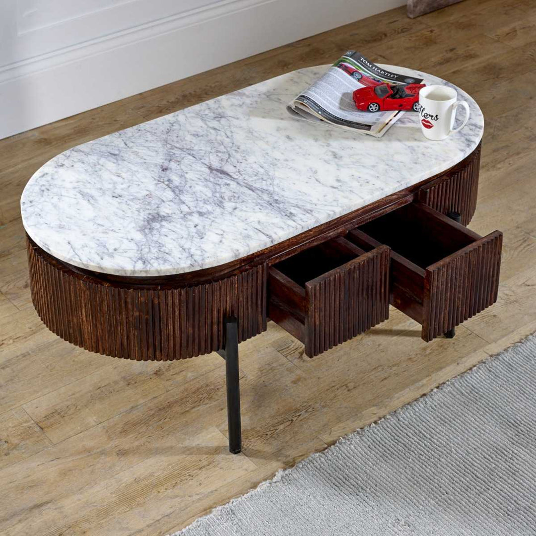 Marble Top & Metal Legs Mango Wood Rectangular Fluted Coffee Table Opal