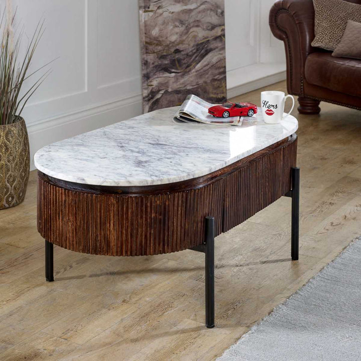 Marble Top & Metal Legs Mango Wood Rectangular Fluted Coffee Table Opal